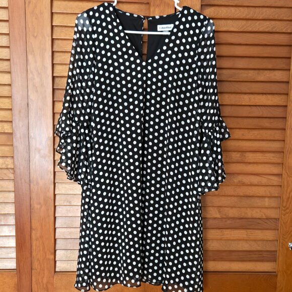 CALVIN KLEIN Black & White Polka-Dot Chiffon Bell-Sleeve Trapeze Shift Dress 2 - Picture 1 of 7